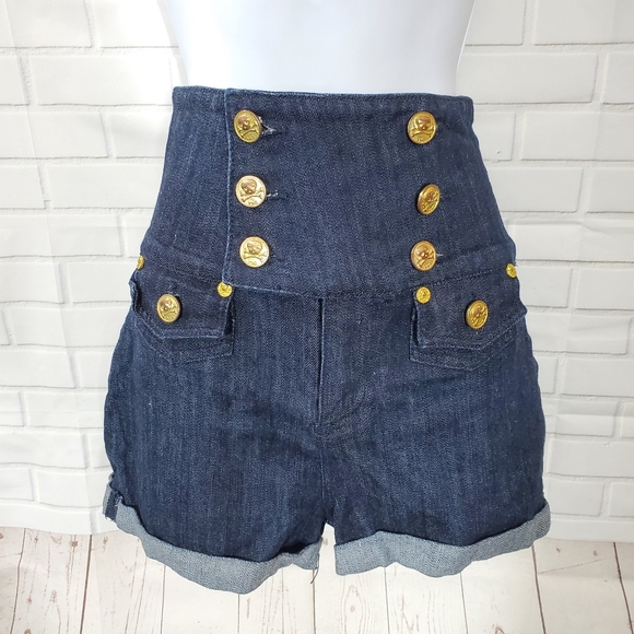 YNQ Waist High Sailor Jean Dark Denim Shorts - Picture 2 of 8